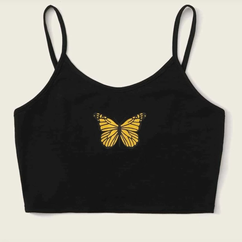 ✨HP✨NEW Black Butterfly Print Crop Tank Top - Picture 2 of 5